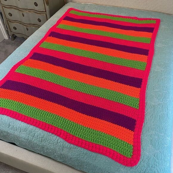 Vibrant Striped Crochet Blanket Afghan throw Retro neon striped - Picture 5 of 5